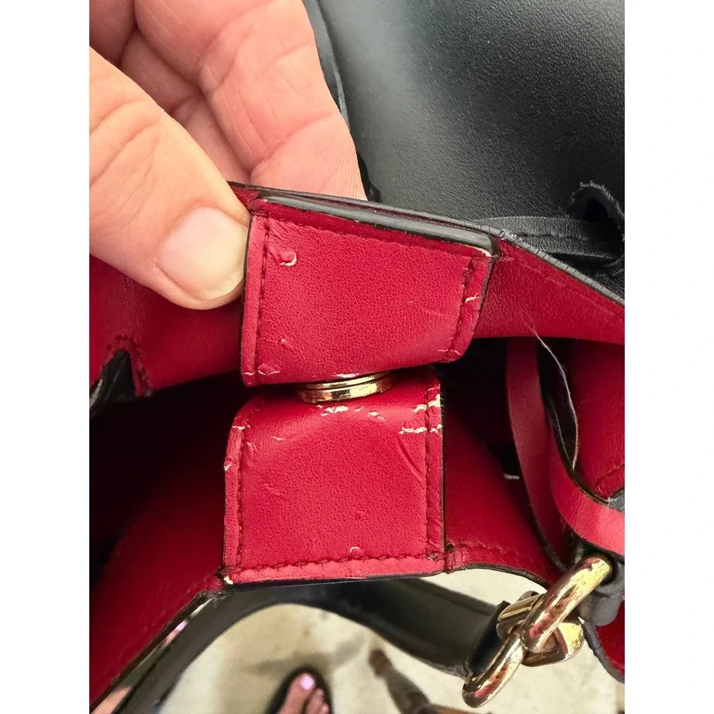 Lauren Ralph Lauren Debby Drawstring Bucket Bag Black Leather Red Interior Gold